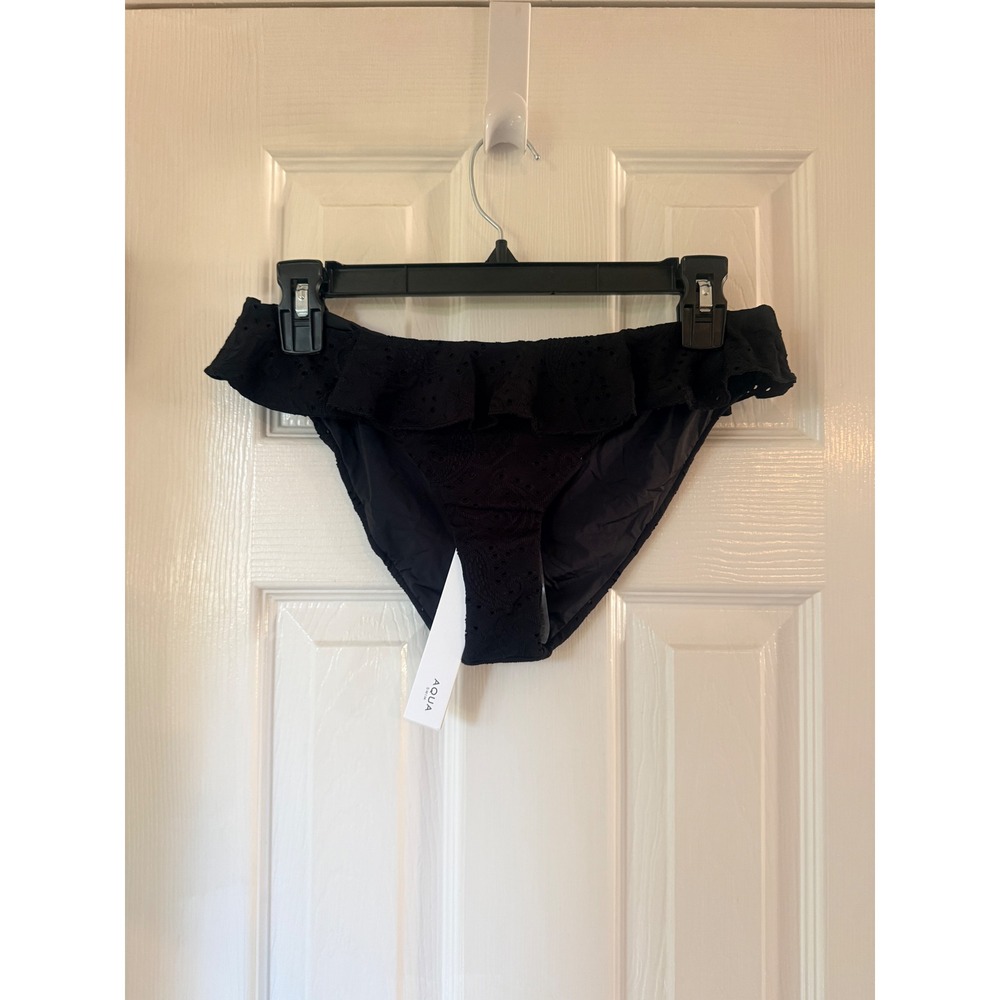 AQUA Ruffled Bikini Bottom Black Eyelet Trim Moderate Coverage Exclusive Small